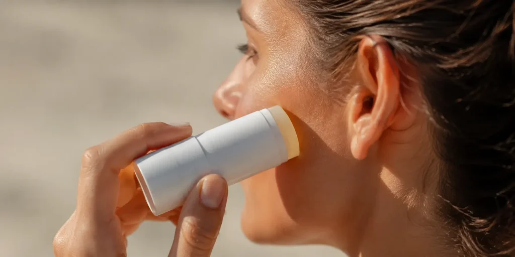 Persona aplicandose protector solar sólido