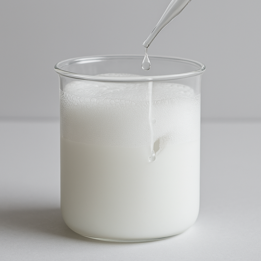 Ensayo de laboratorio mostrando antiespumante actuando sobre pintura espumosa para eliminar burbujas.