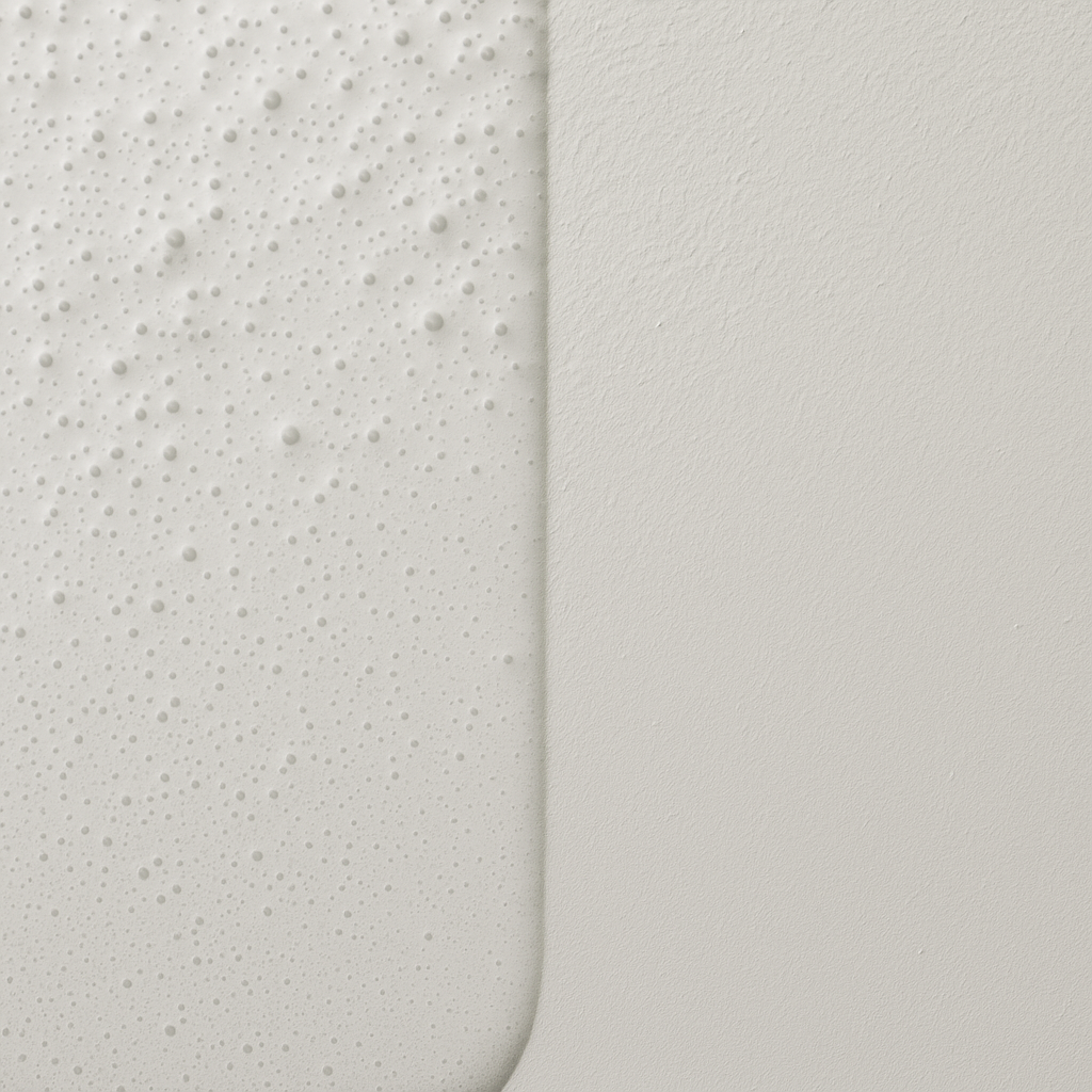 Comparación de pintura fresca con microburbujas frente a una superficie uniforme tratada con antiespumante.