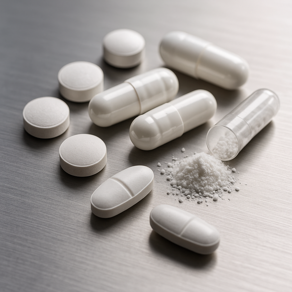 Tabletas y cápsulas en proceso de producción mostrando el uso de ingredientes farmacéuticos activos.