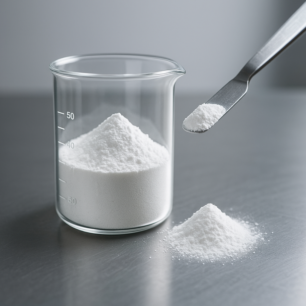 Ingrediente farmacéutico activo en forma de polvo blanco manipulado en condiciones de laboratorio estéril.