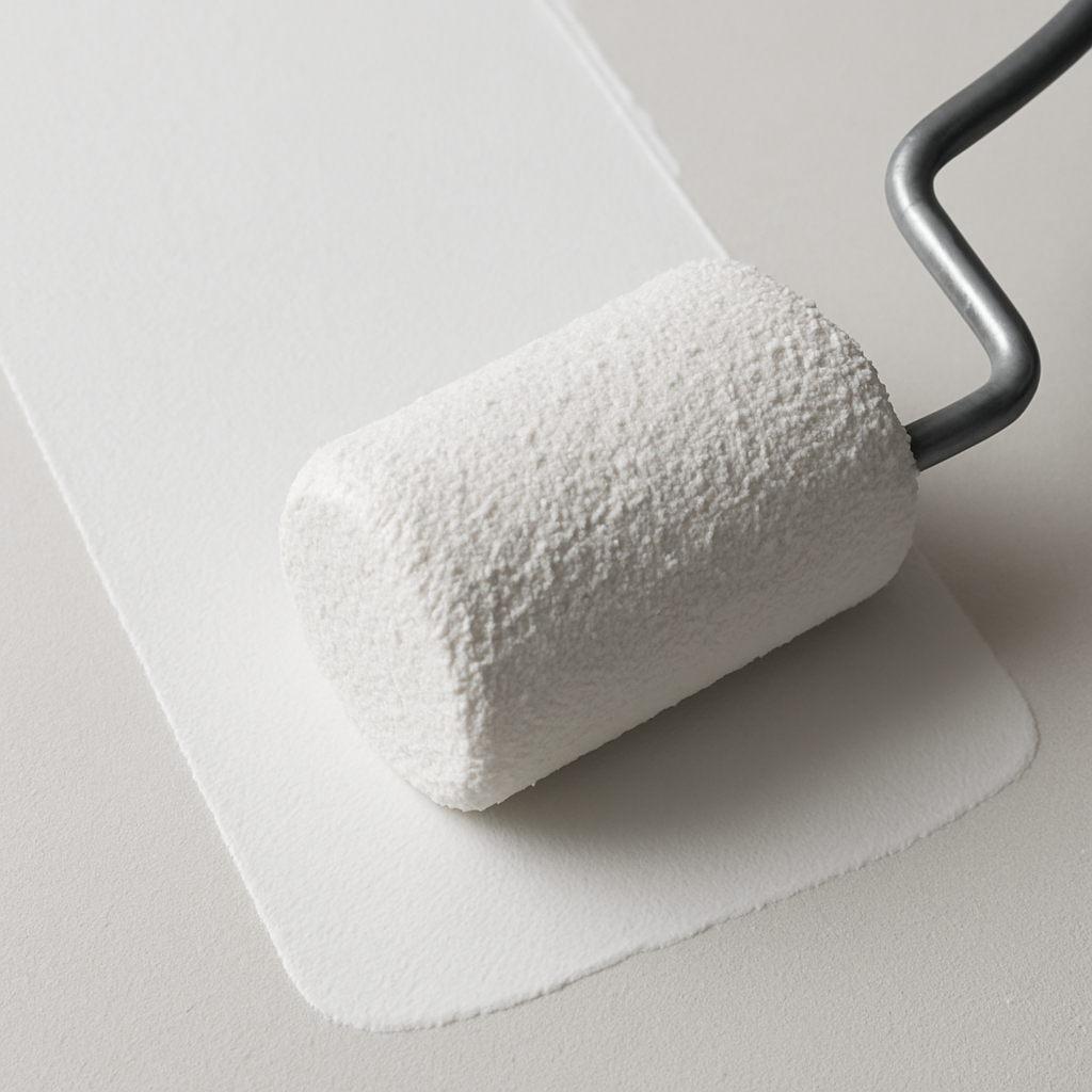 Rodillo aplicando pintura blanca opaca y uniforme gracias al uso de caolín en la formulación.