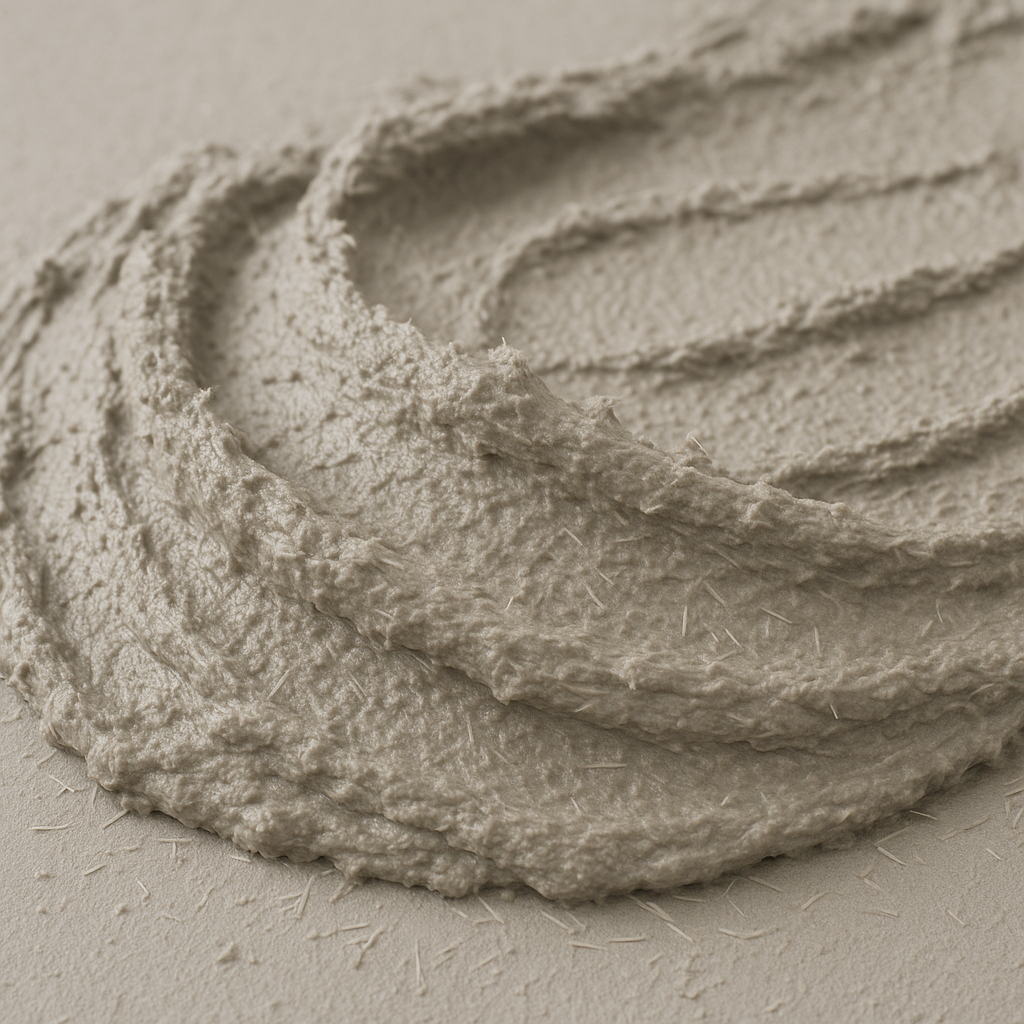 Mezcla de mortero con fibras de celulosa que mejoran la cohesión y resistencia en aplicaciones de construcción.