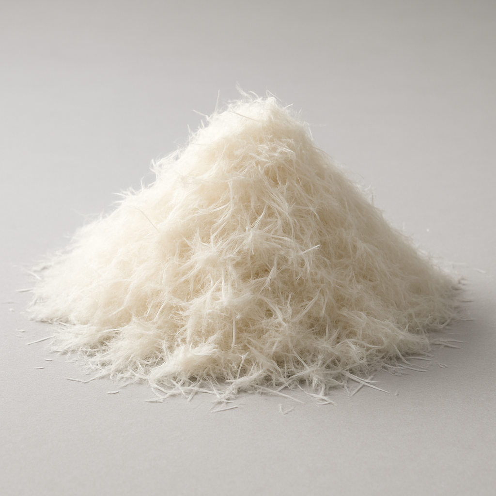 Fibras de celulosa en forma de polvo blanco utilizadas como materia prima en la industria química y construcción.