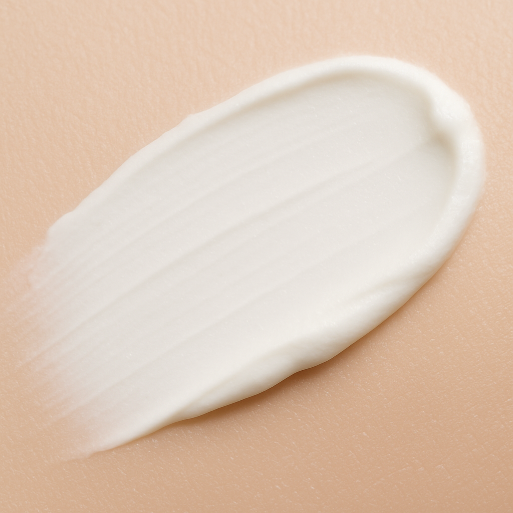 Capa uniforme de crema con filtros solares aplicada sobre una superficie que simula piel, representando protección UV.