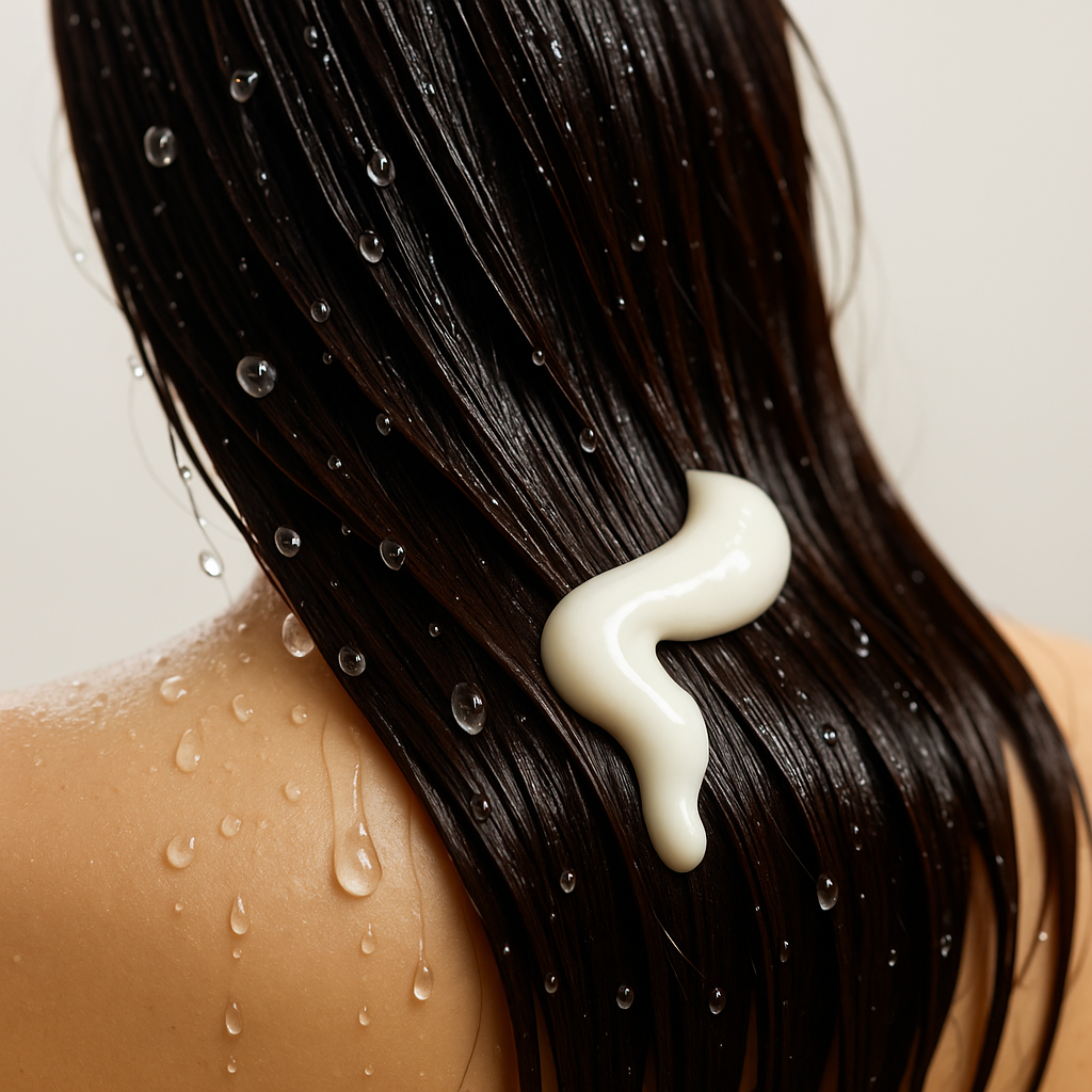 Aplicación de acondicionador con policuaternios en cabello húmedo para mejorar suavidad y brillo.