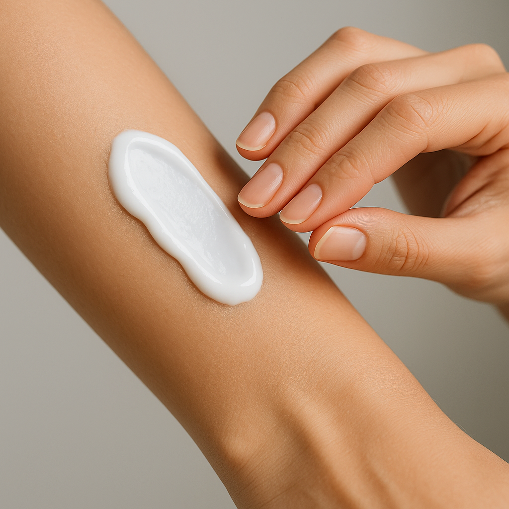 Aplicación de crema con policuaternios en la piel, aportando suavidad y protección.
