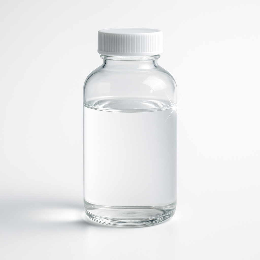 Envase transparente con polietilenglicol líquido de alta pureza para aplicaciones en la industria química y construcción.