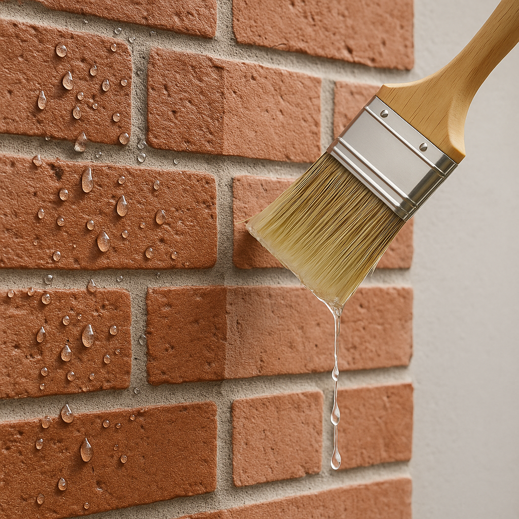 Aplicación de silicona hidrorrepelente sobre pared de ladrillo mostrando protección contra la absorción de agua.