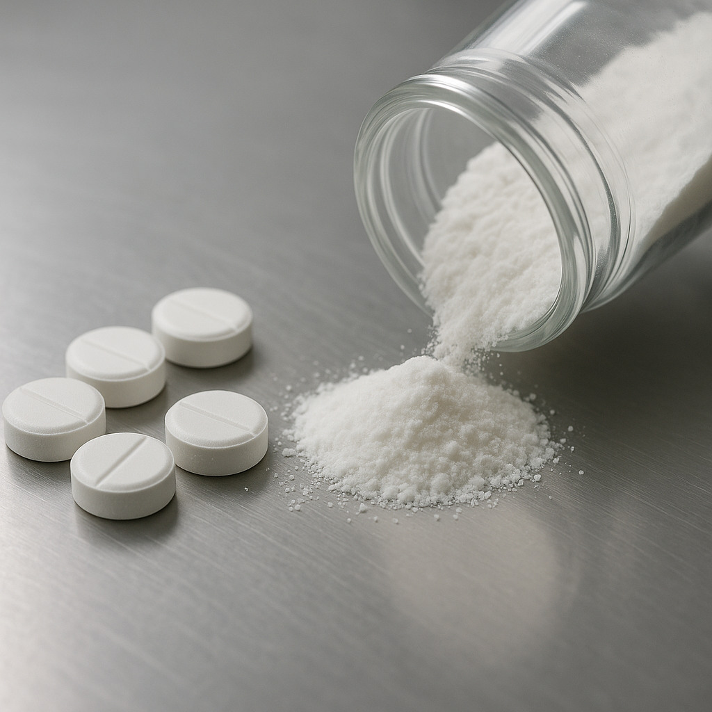 Tabletas farmacéuticas junto a lactosa en polvo utilizada como excipiente en la formulación de medicamentos.