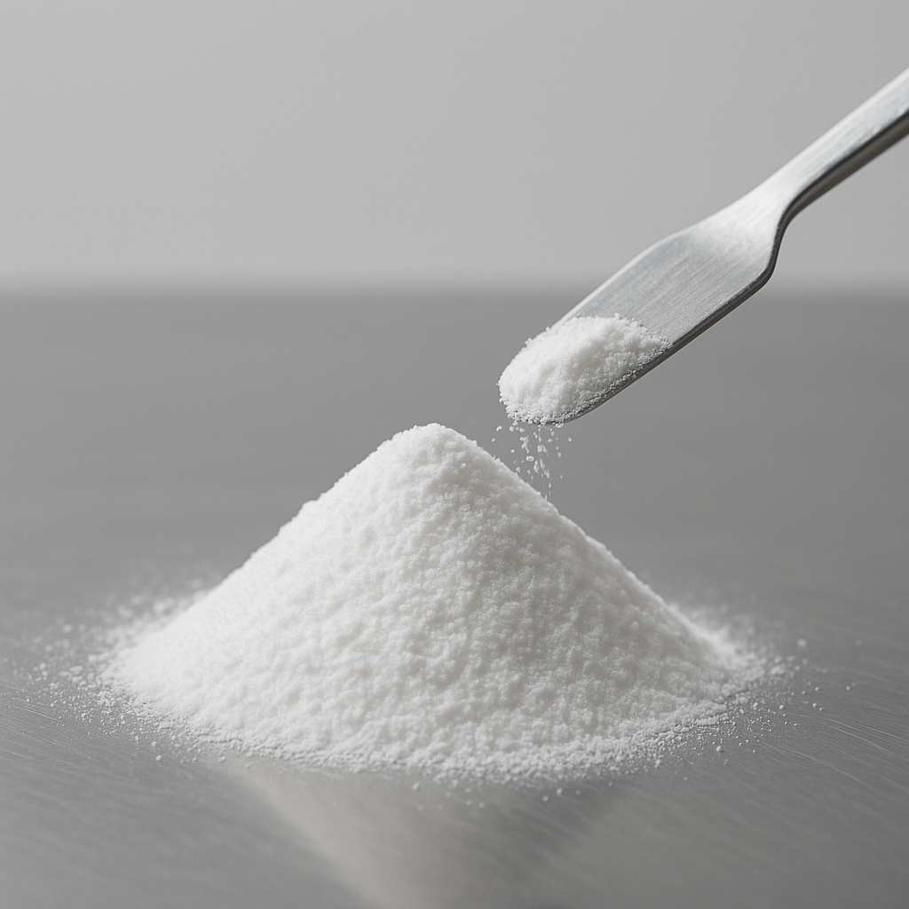 Lactosa de grado farmacéutico en polvo blanco manipulada en condiciones de laboratorio estéril.