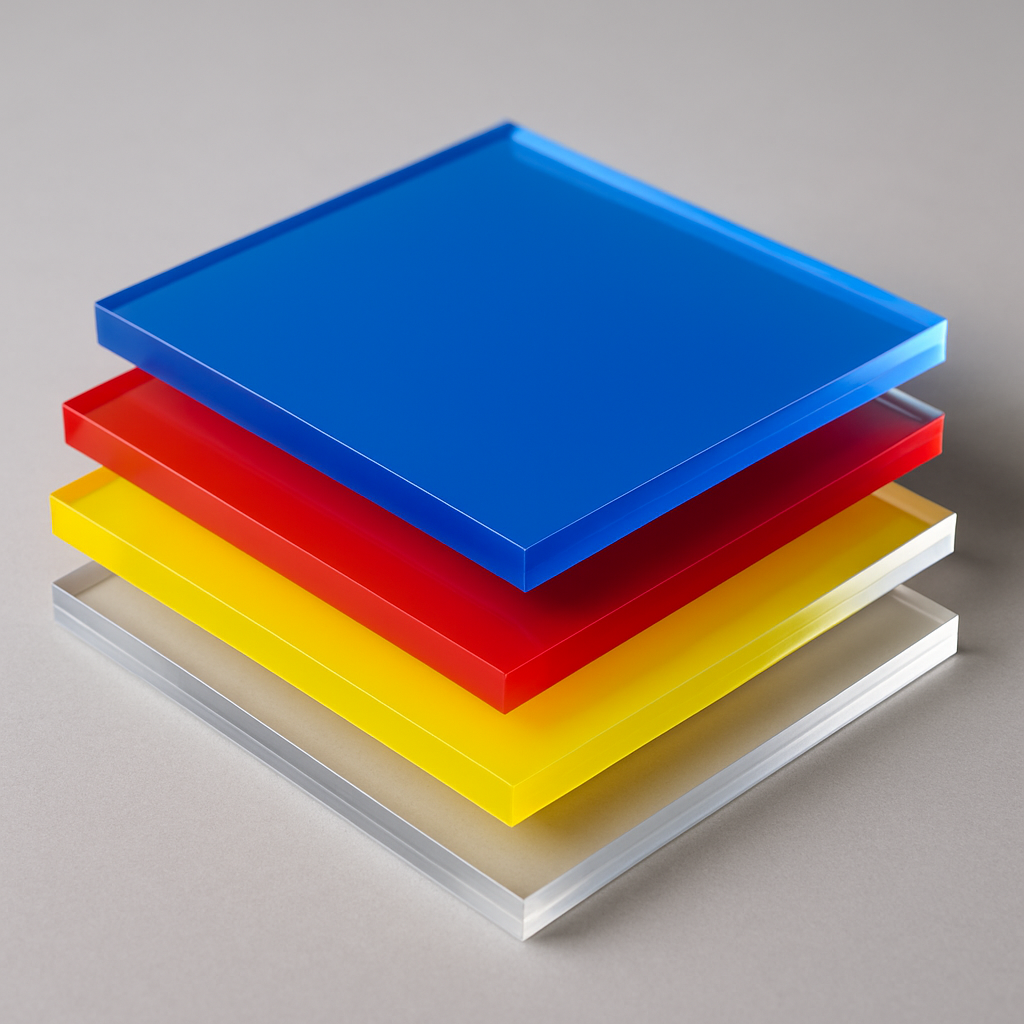 Planchas de acrílico transparentes y de colores utilizadas en comunicación visual y diseño gráfico.