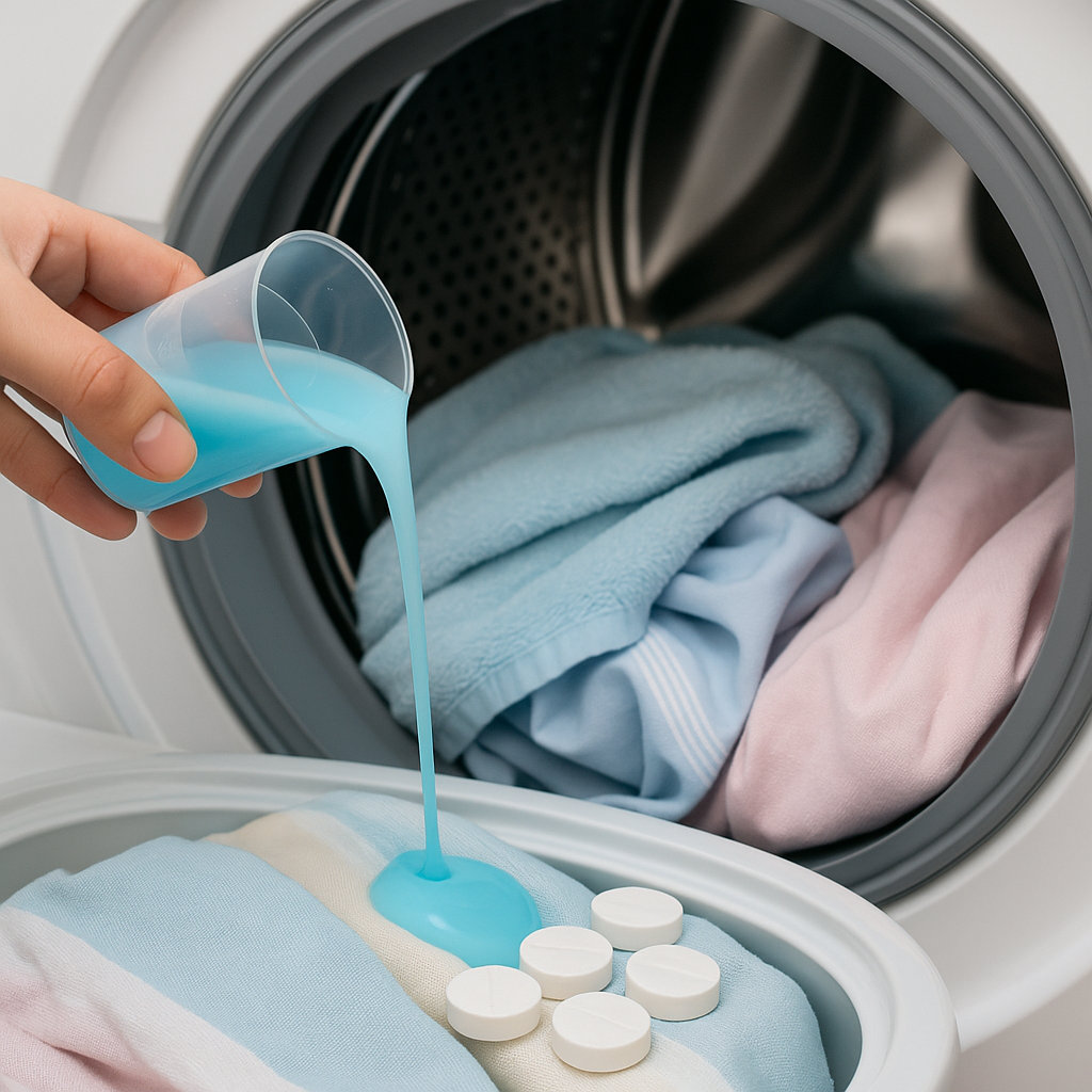 Vertido de suavizante líquido en una lavadora con ropa limpia, representando frescura y cuidado textil.