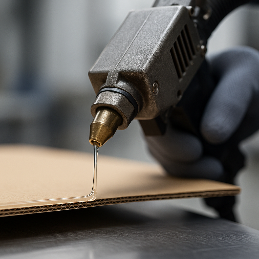 Aplicación industrial de adhesivo hot melt con pistola automatizada sobre cartón, mostrando la textura fundida del material y su uso en procesos de unión.
