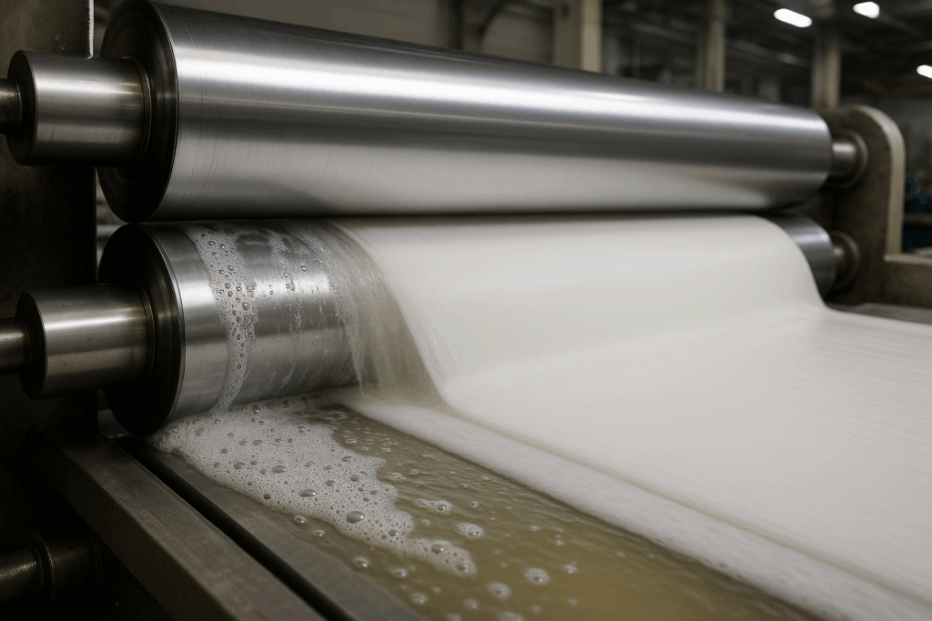 Proceso industrial de aplicación de antiespumante en máquina papelera, mostrando control de espuma y eficiencia en la producción de celulosa.