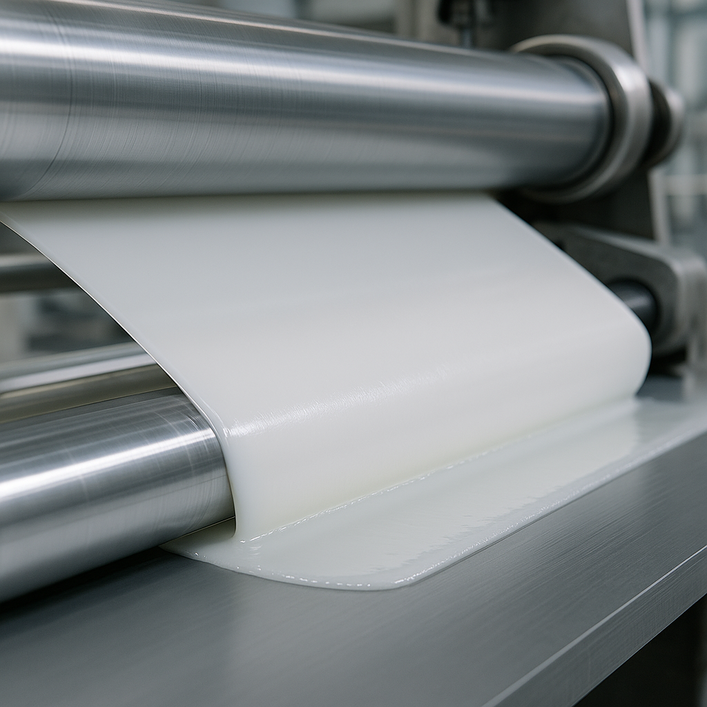 Proceso industrial de aplicación de encolante AKD en papel en movimiento, mostrando rodillos metálicos y película líquida uniforme que mejora la resistencia del material.