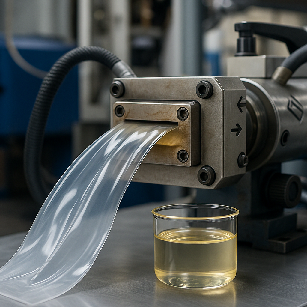 Proceso industrial de extrusión de plásticos mostrando piezas flexibles fabricadas con plastificantes de alto rendimiento para resinas plásticas.