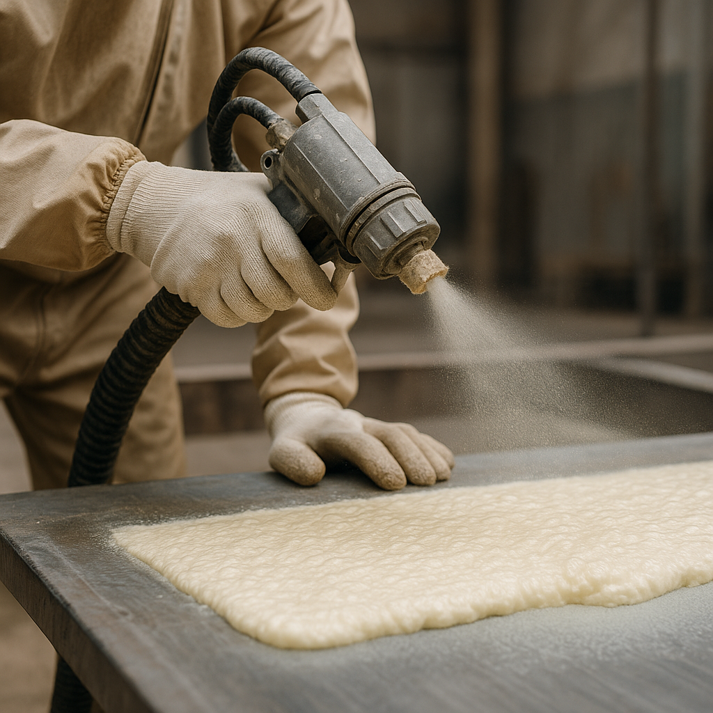 Aplicación industrial de poliuretano con pistola pulverizadora sobre superficie metálica, mostrando expansión y textura uniforme.