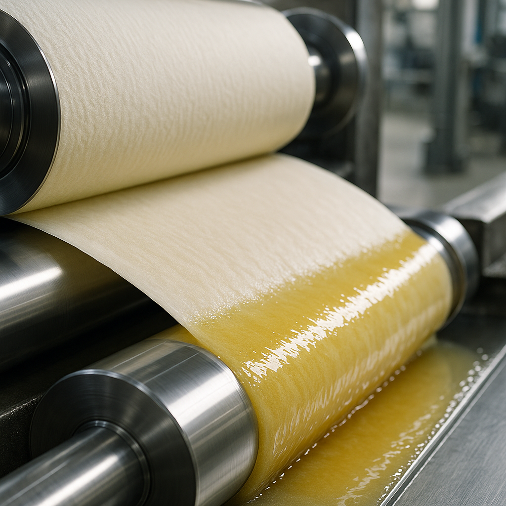 Proceso industrial de aplicación de resina RH en máquina papelera, mostrando papel húmedo y capa líquida uniforme que mejora la resistencia en contacto con el agua.