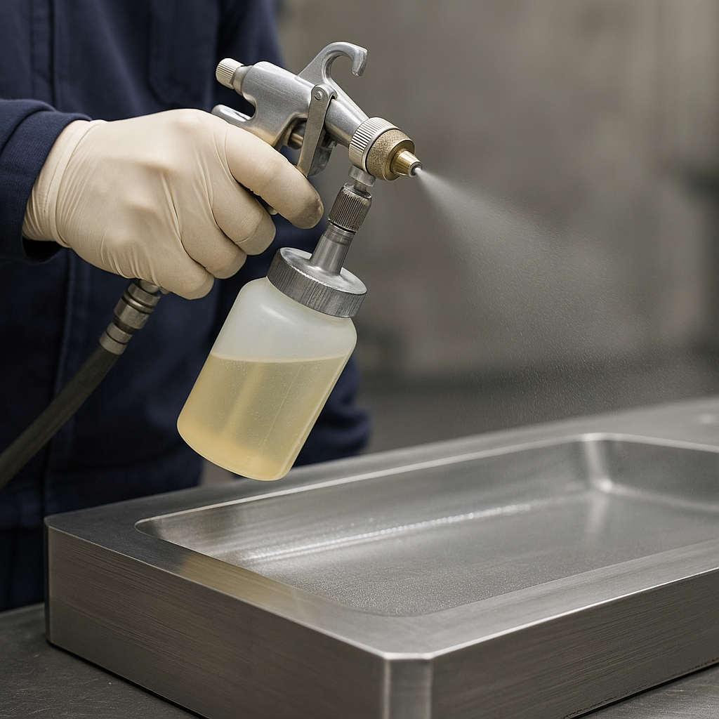 Aplicación de silicona desmoldante con pistola rociadora sobre molde metálico, mostrando capa uniforme y proceso técnico controlado.