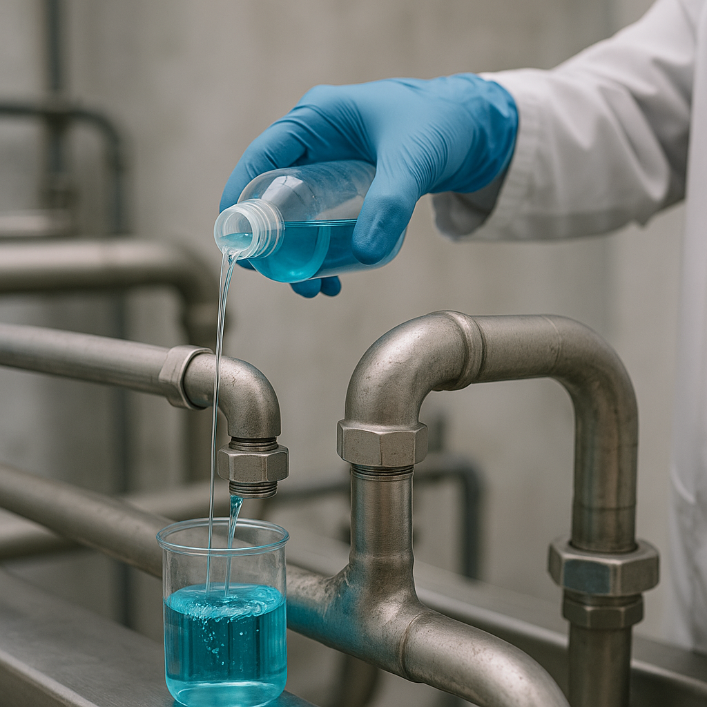 Técnico aplicando biocida líquido en sistema de tuberías industriales, representando el control microbiológico del agua.