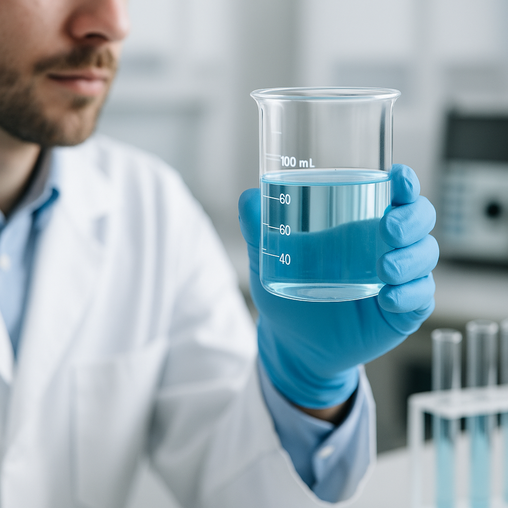 Laboratorio de control de calidad de agua con analista midiendo biocida en probeta transparente sobre mesa técnica.