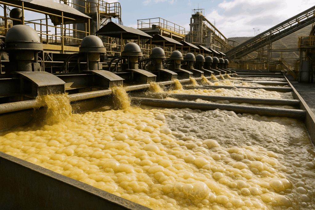 Proceso de flotación en planta minera mostrando el uso de colectores para separar minerales valiosos.