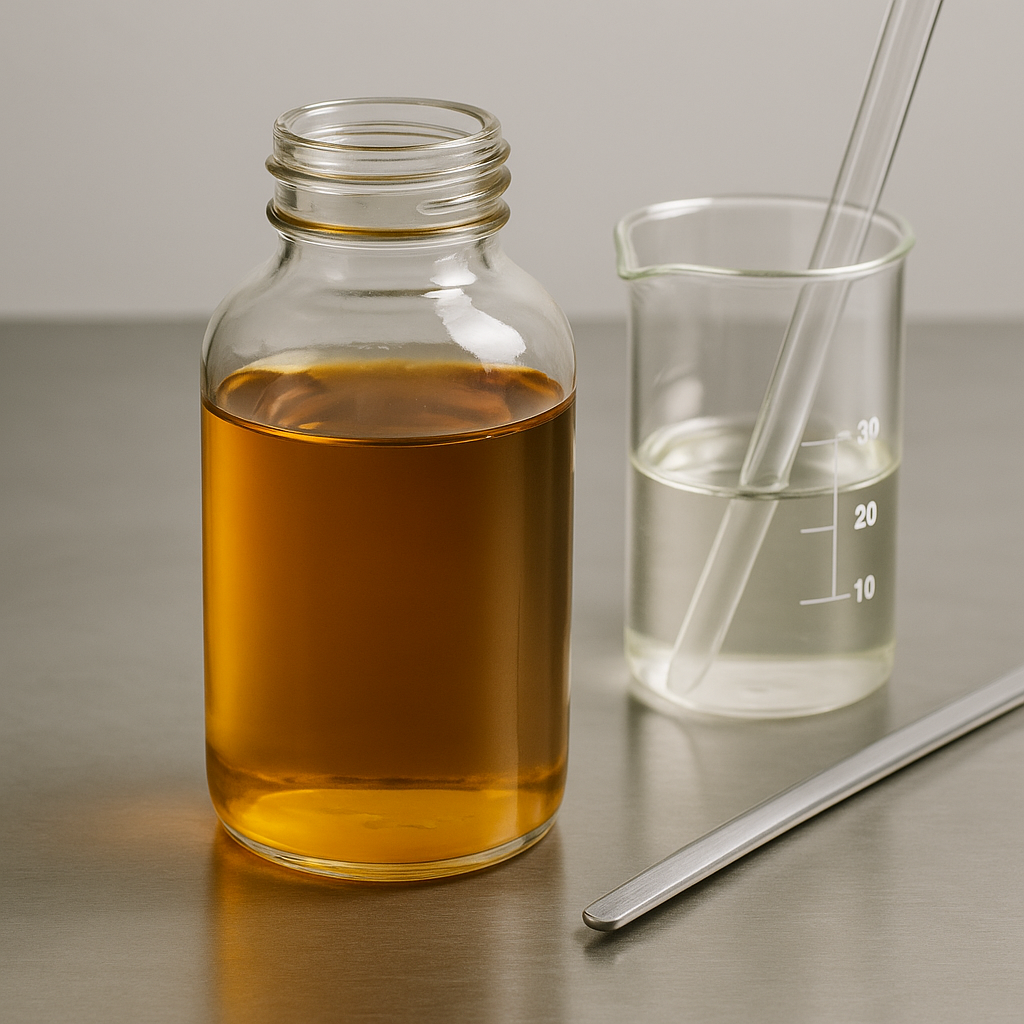 Frasco con reactivo químico colector utilizado en procesos de flotación mineral en la industria minera.