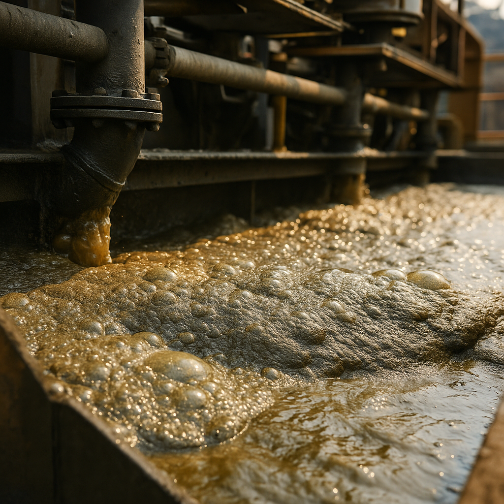 Espuma de flotación en proceso minero, representando la acción de los espumantes para recuperar minerales valiosos.