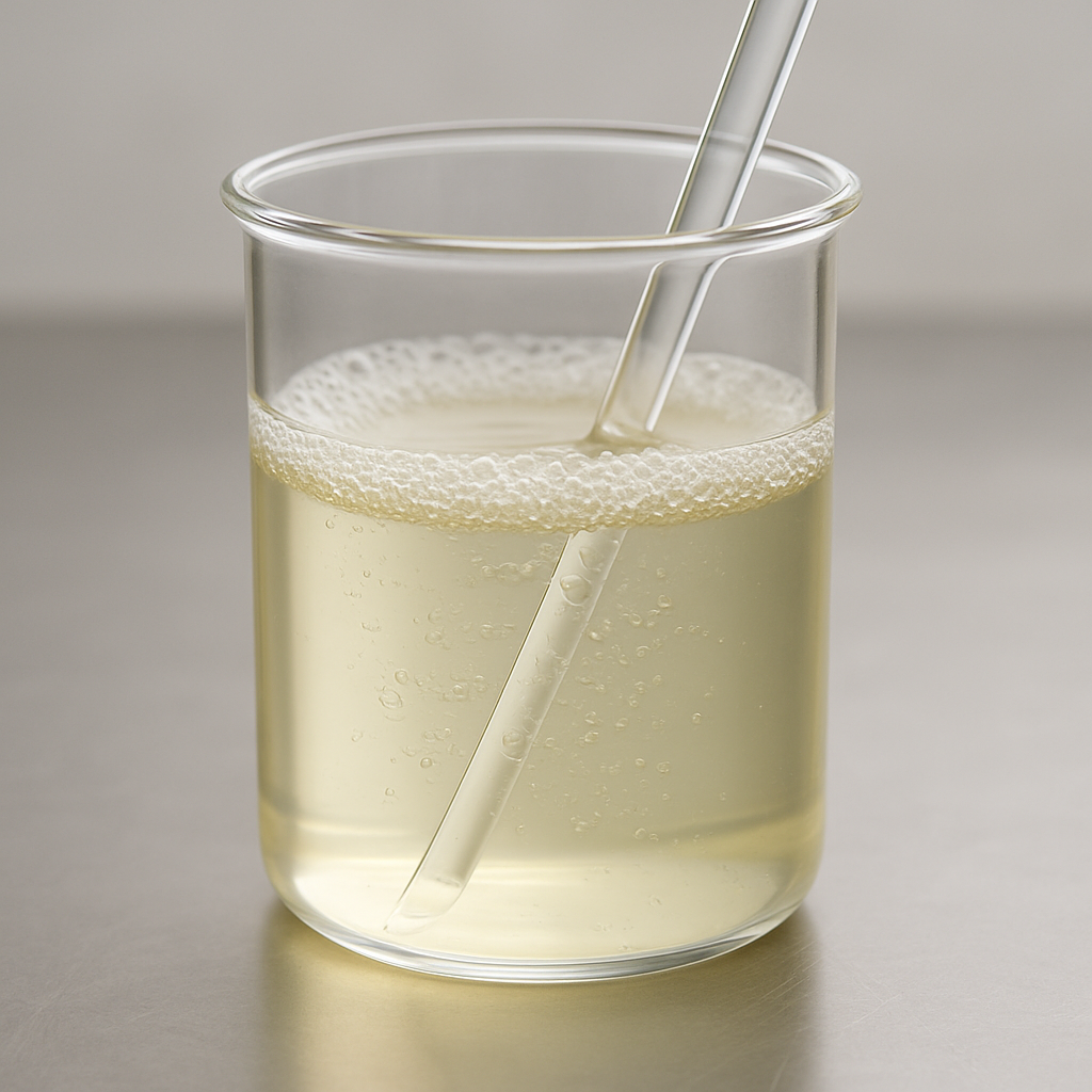 Vaso de laboratorio con reactivo espumante mostrando burbujas finas, símbolo de control y precisión en minería.