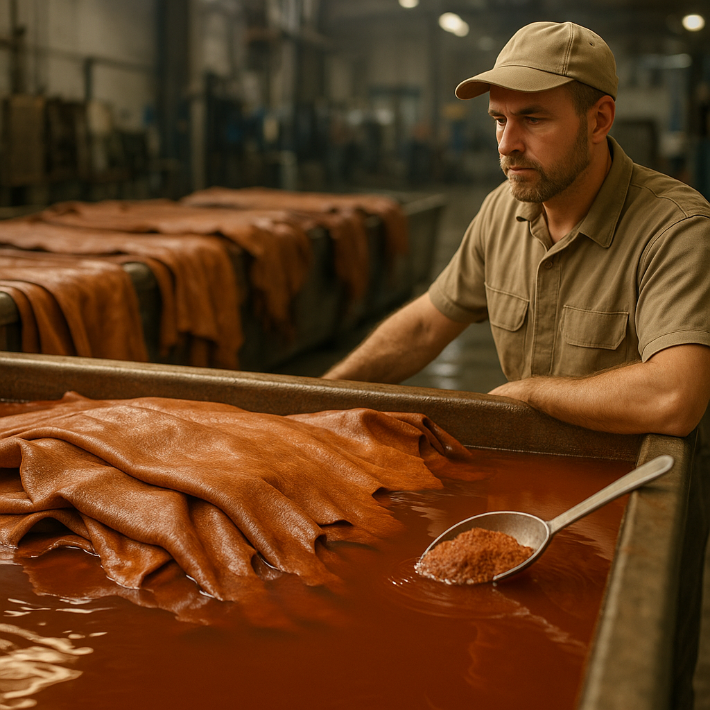 Proceso industrial de curtido vegetal con extracto de quebracho, mostrando pieles sumergidas en líquido marrón rojizo en una curtiembre controlada.