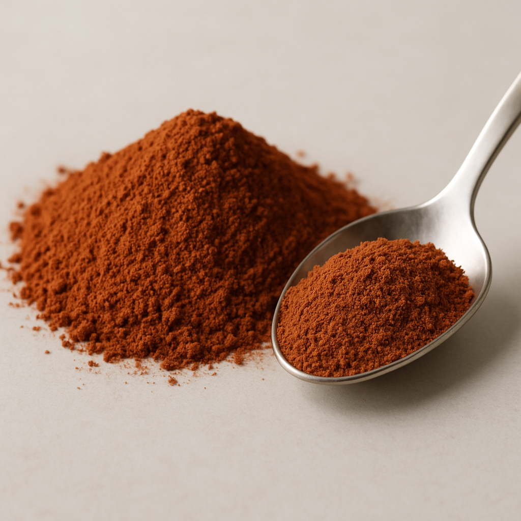 Extracto de quebracho en polvo marrón rojizo sobre superficie neutra con cuchara metálica, utilizado como curtiente vegetal natural en curtiembres.