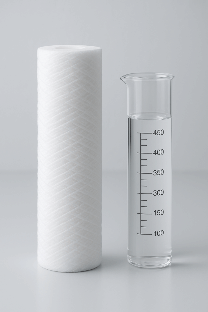 Primer plano de un filtro de cartucho blanco junto a probeta con agua tratada en superficie de laboratorio, representando control de calidad.