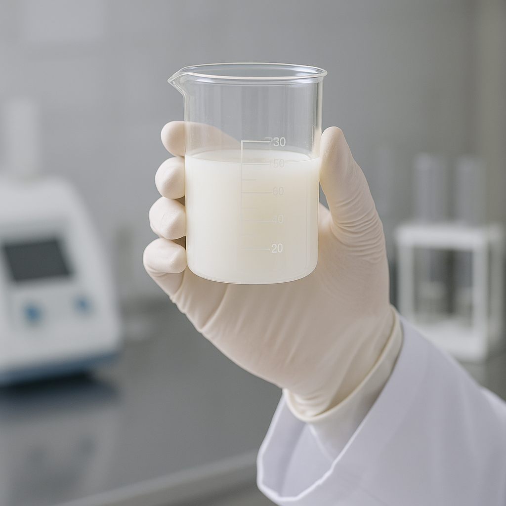 Técnico de laboratorio sosteniendo una muestra de encolante AKD en vaso medidor, representando control de calidad y precisión en la industria papelera.