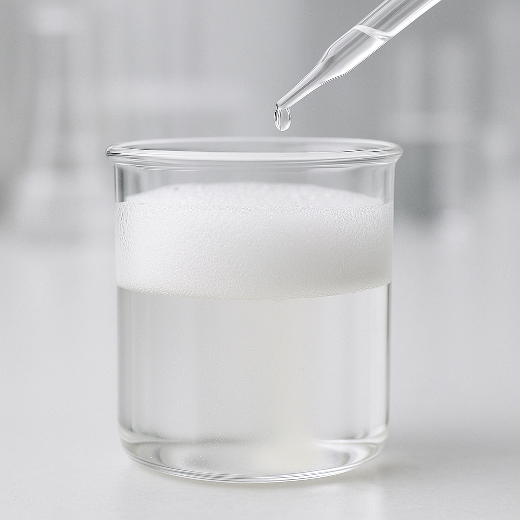 Ensayo de laboratorio con antiespumante reduciendo la espuma en una muestra líquida, representando control y desempeño en procesos de papel y celulosa.