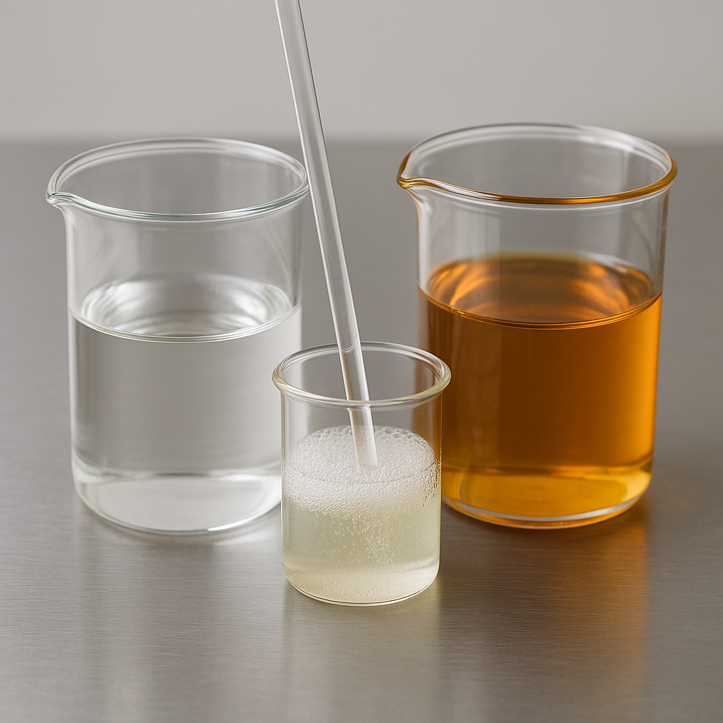 Recipientes de laboratorio con poliol e isocianato reaccionando para formar poliuretano, representando control y precisión química.