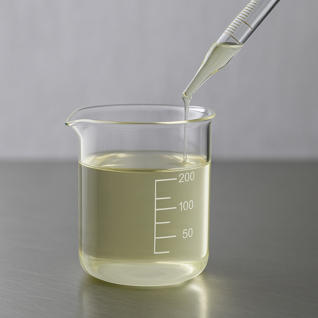 Frasco de laboratorio con plastificante líquido utilizado en la formulación de resinas plásticas, sobre mesa metálica limpia y ambiente técnico controlado.