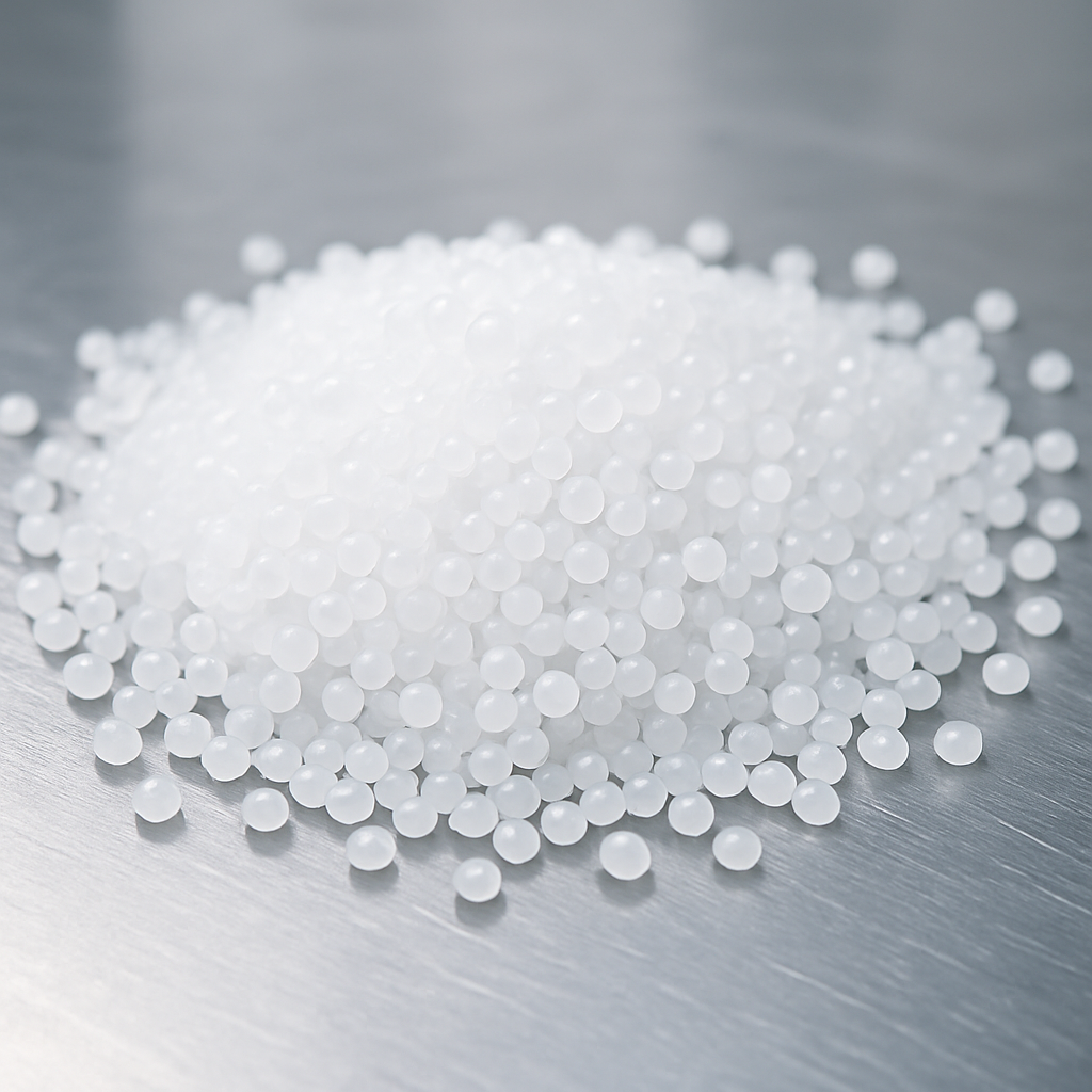 Gránulos de poliestireno blanco utilizados en la fabricación de resinas plásticas industriales, sobre superficie limpia y fondo técnico.