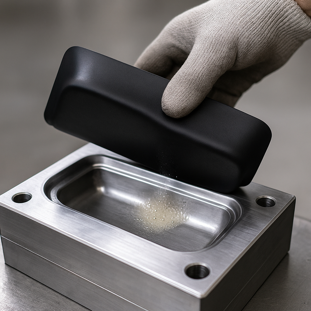 Desmoldeo de pieza plástica o de caucho desde molde metálico limpio, mostrando la efectividad de la silicona desmoldante.