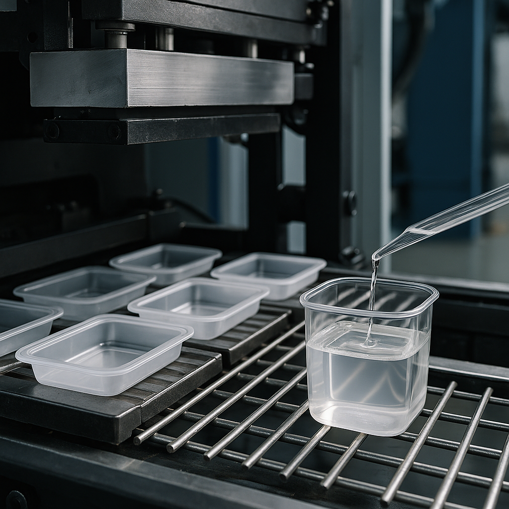 Proceso industrial de termoformado con poliestireno mostrando piezas plásticas recién moldeadas, representando la versatilidad y calidad del material.