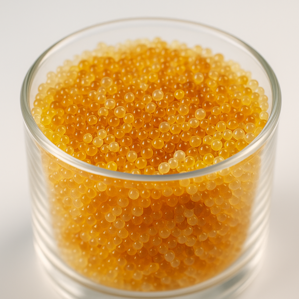 Detalle de resinas de intercambio iónico en laboratorio, con esferas amarillas y anaranjadas utilizadas para el tratamiento y purificación de agua.