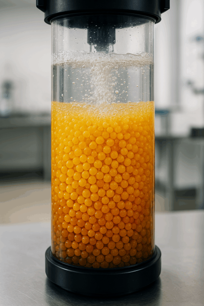 Columna de tratamiento de agua con resinas de intercambio iónico en funcionamiento, mostrando las esferas en proceso de filtración dentro del sistema.