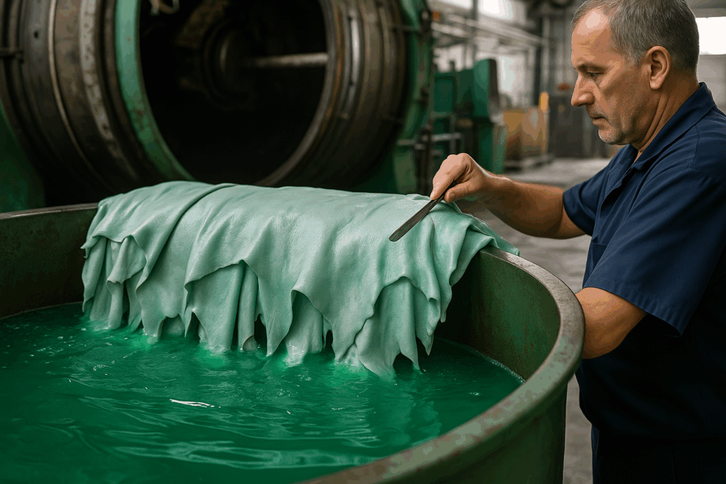 Proceso industrial de curtido al cromo en curtiembre, mostrando pieles sumergidas en solución verdosa de sulfato de cromo bajo supervisión técnica.