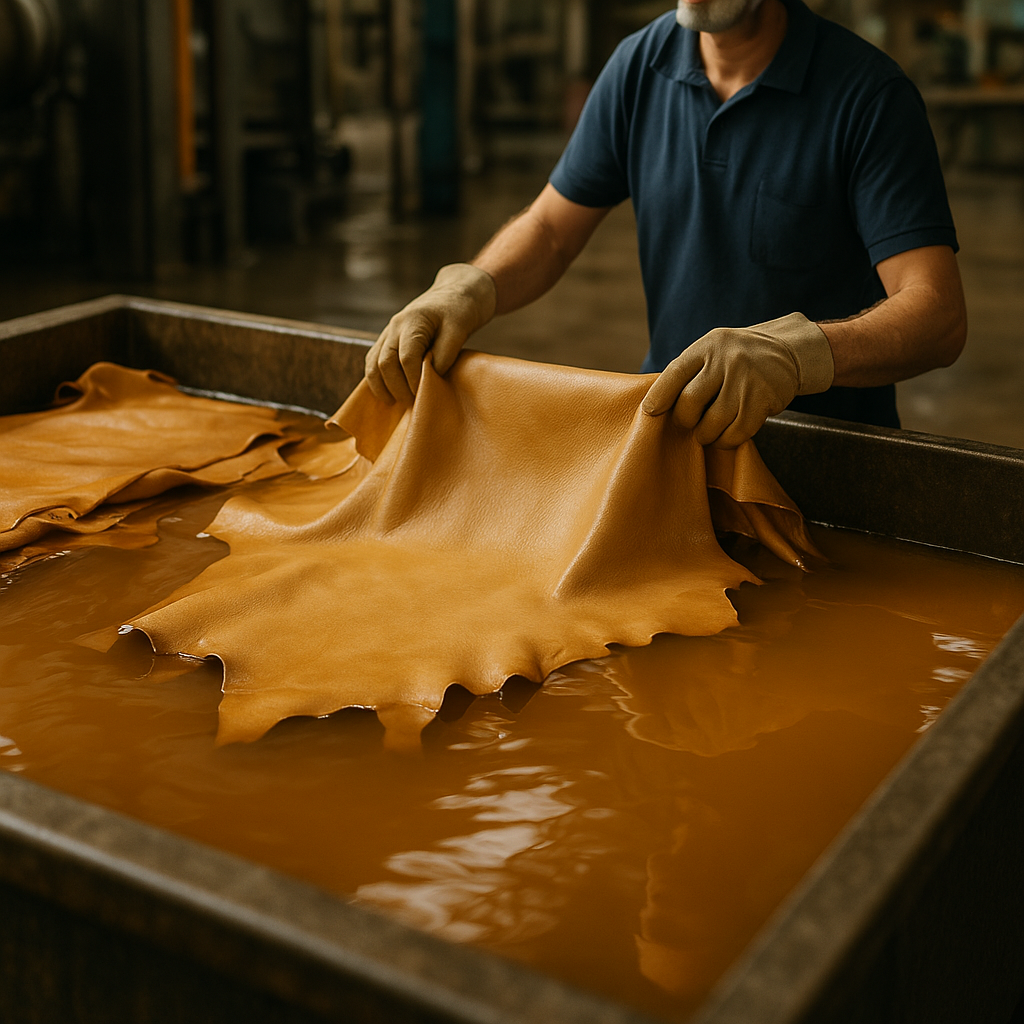 Proceso industrial de curtido con taninos de tara en curtiembre, mostrando pieles sumergidas en extracto vegetal de tono ámbar bajo supervisión técnica.