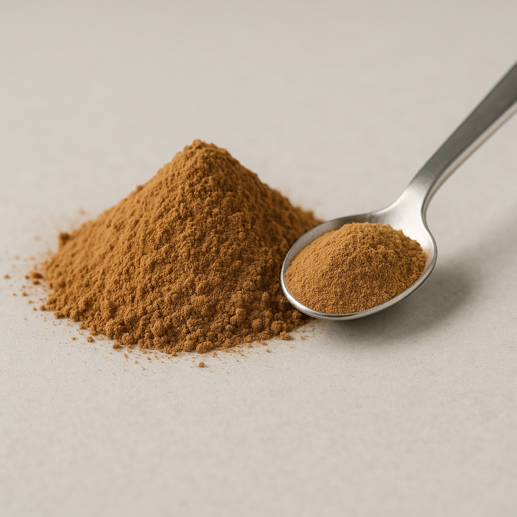 Extracto natural de taninos de tara en polvo de color marrón claro, utilizado como agente curtiente vegetal en la industria de curtiembres.