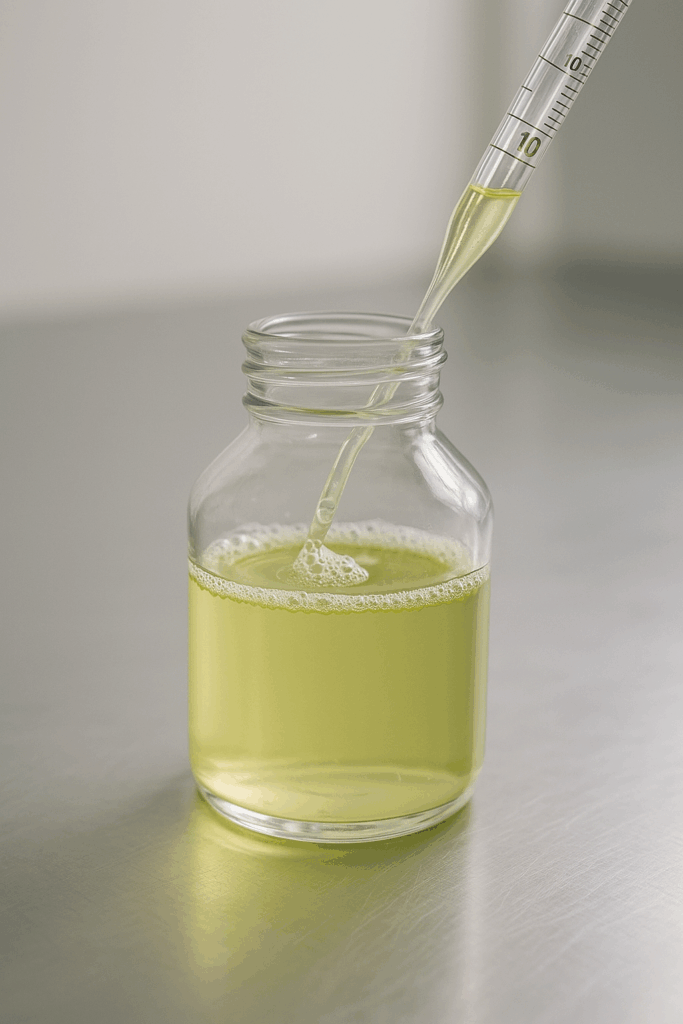 Frasco de laboratorio con líquido amarillo pálido representando xantato y pipeta dosificando reactivo sobre mesa metálica limpia.