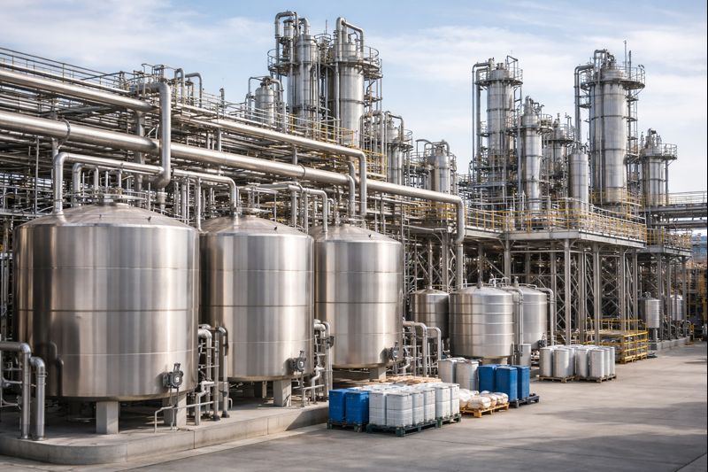 Planta industrial química con procesos de producción y manejo de materias primas para múltiples sectores industriales