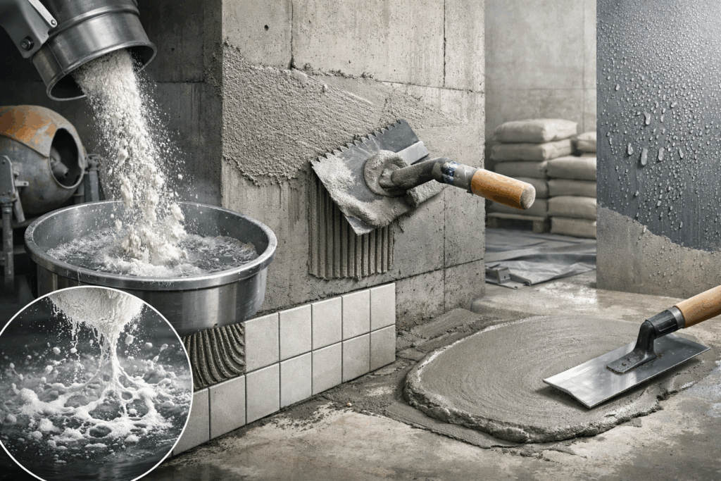 Ilustración industrial que muestra polímeros redispersables (RDP) integrados en morteros base cemento, mejorando la adherencia, flexibilidad y resistencia al agua en aplicaciones de construcción.