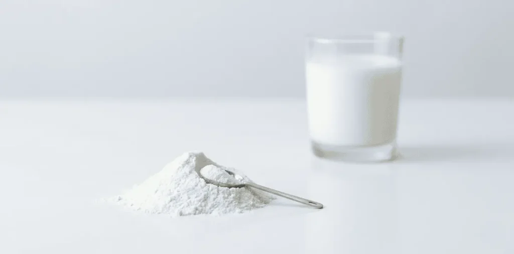Concentrado de proteína de suero WPC80 en polvo con vaso de leche, ingrediente lácteo para la industria alimentaria