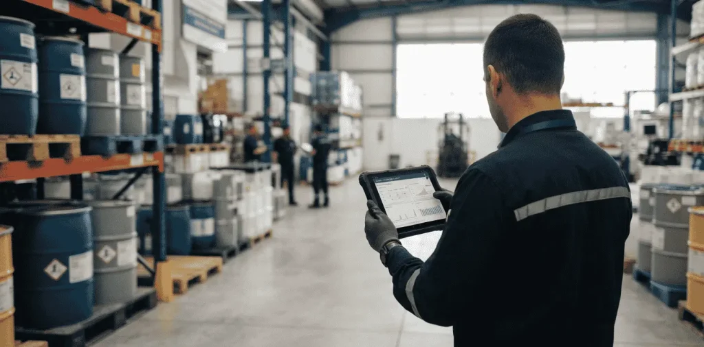 Supervisor revisando inventario en tablet dentro de un almacén industrial.